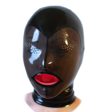 rubber hood with condom mouth and eye perforations